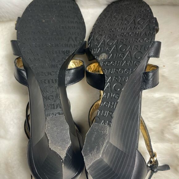 Arturo Chiang Leather black ankle straps wedge sandals SZ10M - Picture 11 of 12